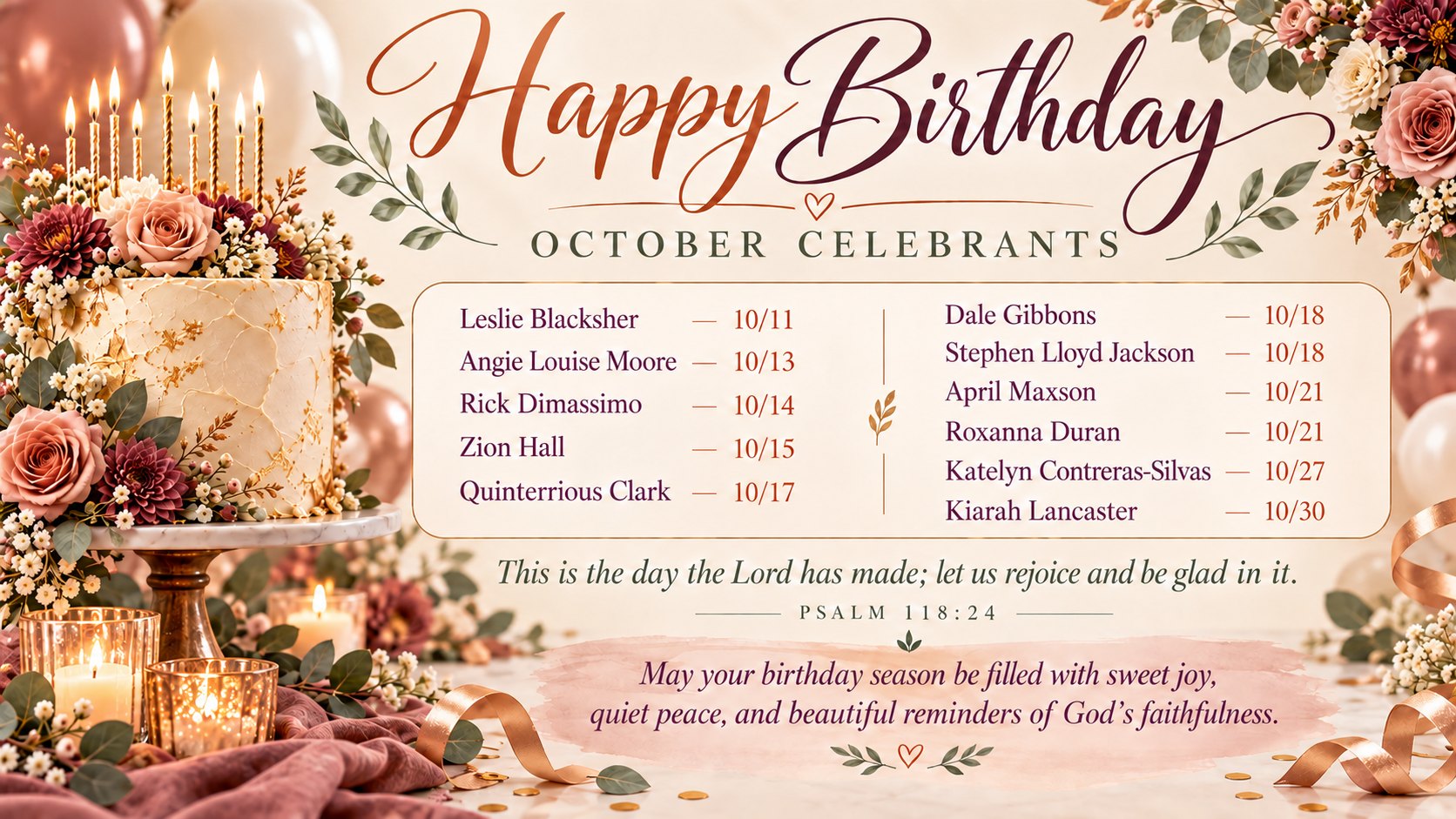 Happy Birthday to our October celebrants: Leslie Blacksher 10/11, Angie Louise Moore 10/13, Rick Dimassimo 10/14, Zion Hall 10/15, Quinterrious Clark 10/17, Dale Gibbons 10/18, Stephen Lloyd Jackson 10/18, April Maxson 10/21, Roxanna Duran 10/21, Katelyn Contreras-Silvas 10/27, Kiarah Lancaster 10/30