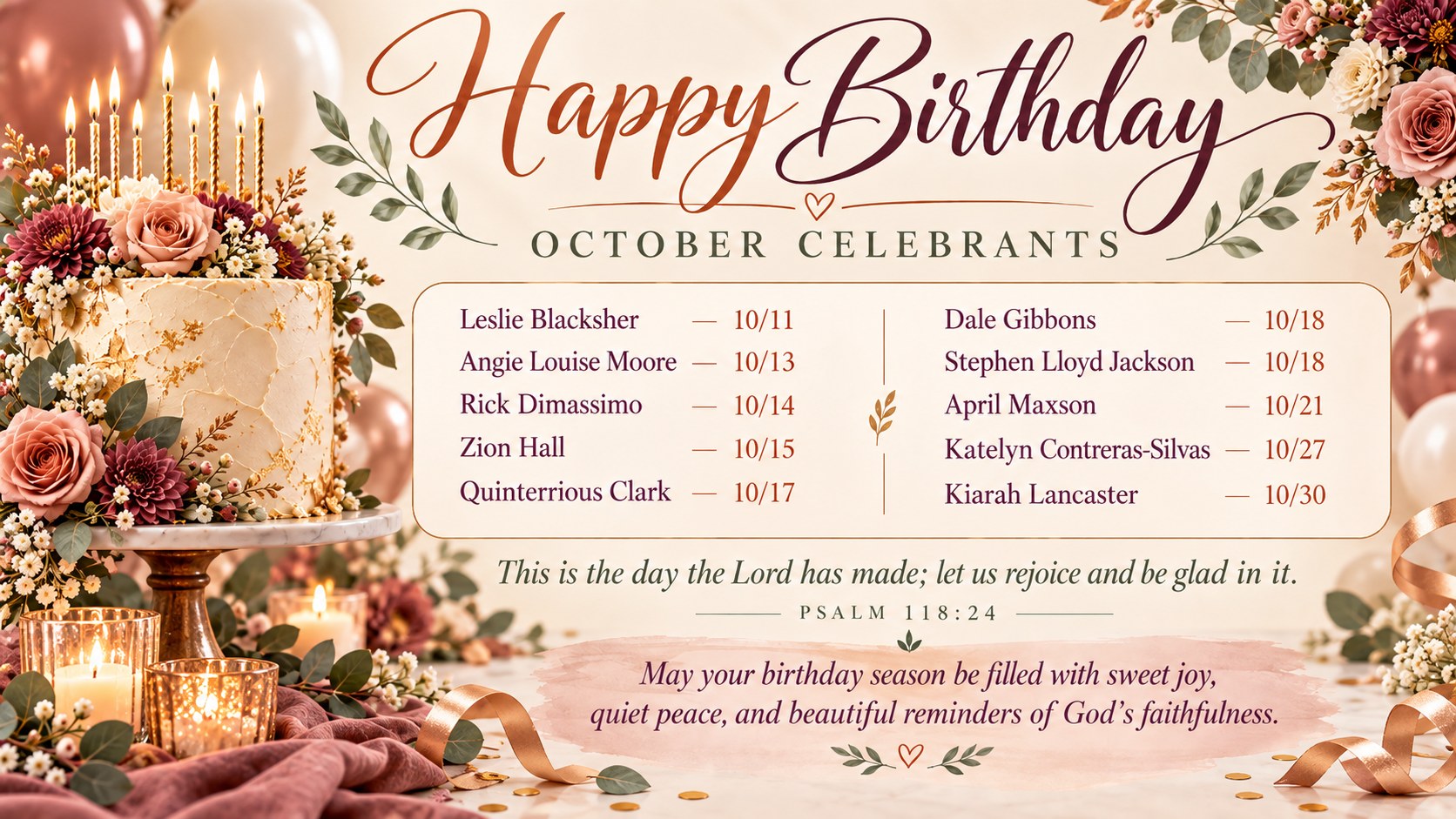 Happy Birthday to our October celebrants: Leslie Blacksher 10/11, Angie Louise Moore 10/13, Rick Dimassimo 10/14, Zion Hall 10/15, Quinterrious Clark 10/17, Dale Gibbons 10/18, Stephen Lloyd Jackson 10/18, April Maxson 10/21, Katelyn Contreras-Silvas 10/27, Kiarah Lancaster 10/30