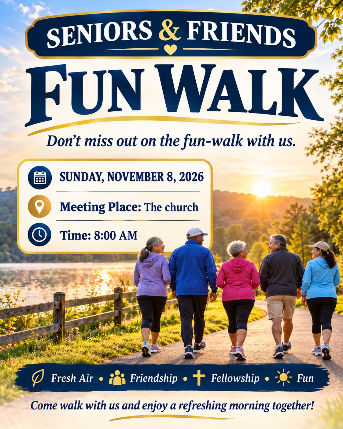 Seniors & Friends Fun Walk, Sunday, November 8, 2026, 8:00 AM. Meeting place: the church. Come walk with us and enjoy a refreshing morning together!
