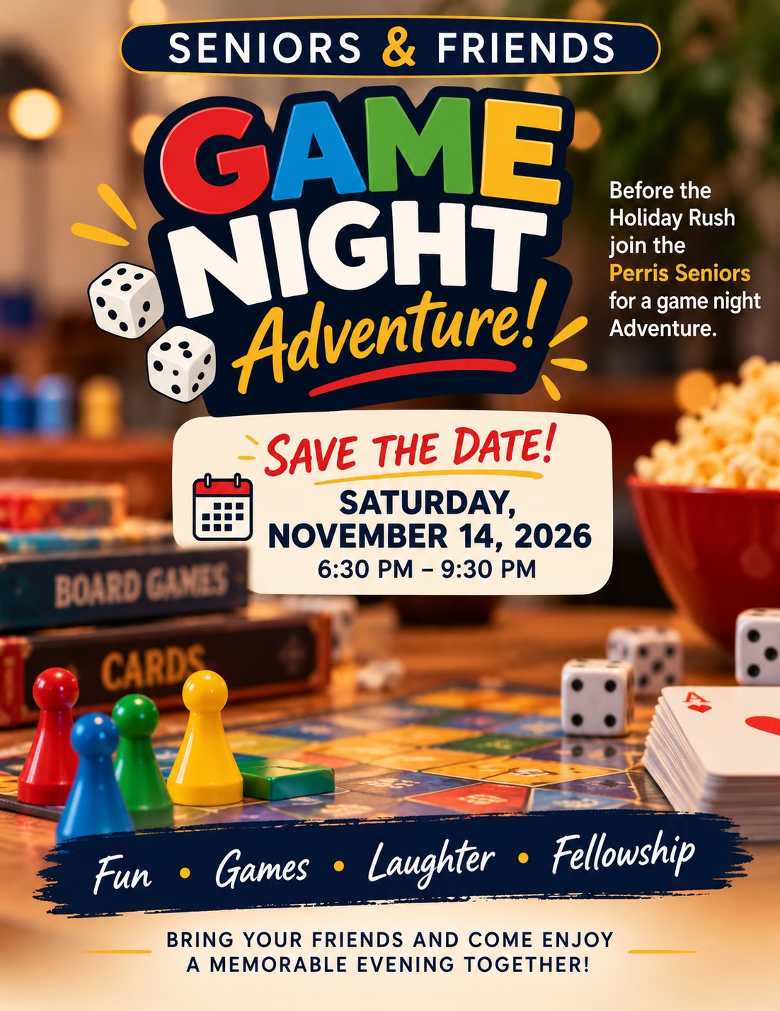 Seniors & Friends Game Night Adventure. Save the date: Saturday, November 14, 2026, 6:30 PM to 9:30 PM. Bring your friends and come enjoy a memorable evening together!
