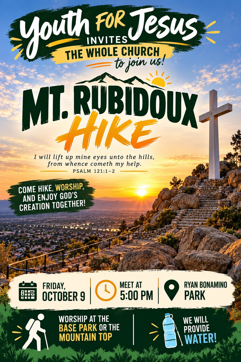 Youth for Jesus invites the whole church to the Mt. Rubidoux Hike, Friday, October 9, meet at 5:00 PM at Ryan Bonaminio Park